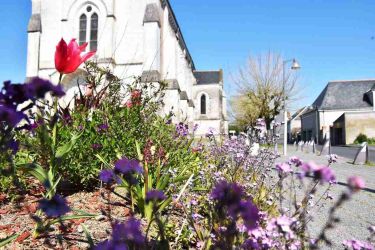 Photo église de La Riche avec des fleurs